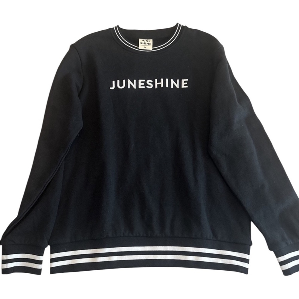 Juneshine‎ Black Crewneck Sweatshirt Size M - Logo Front, Striped Trim
